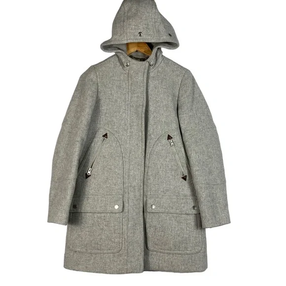 J. Crew Chateau Parka Italian Wool Stadium Cloth Coat B3901 Gray Nello Gori Sz 0 - Picture 2 of 9